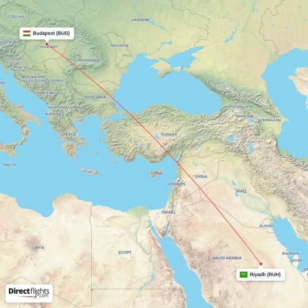 Riyadh - Budapest direct flight map
