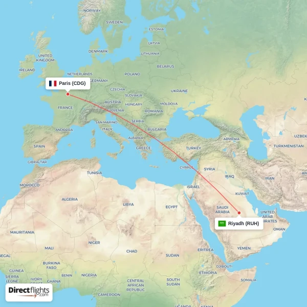 Riyadh - Paris direct flight map