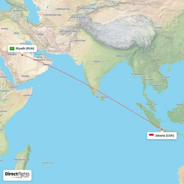 Riyadh - Jakarta direct flight map