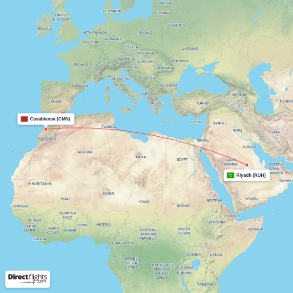 Riyadh - Casablanca direct flight map