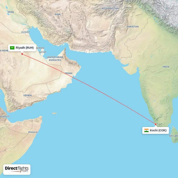 Riyadh - Kochi direct flight map