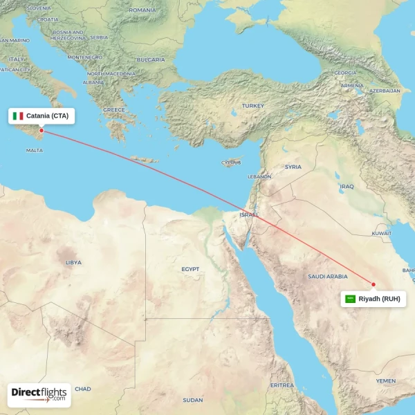 Riyadh - Catania direct flight map