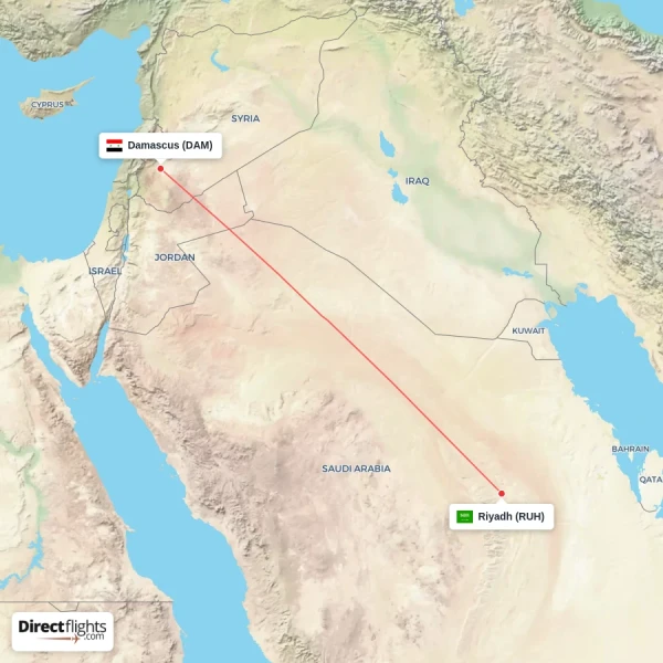 Riyadh - Damascus direct flight map
