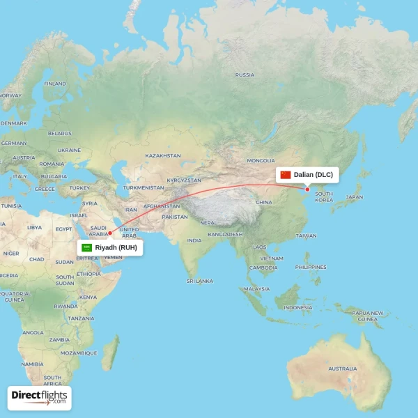 Riyadh - Dalian direct flight map
