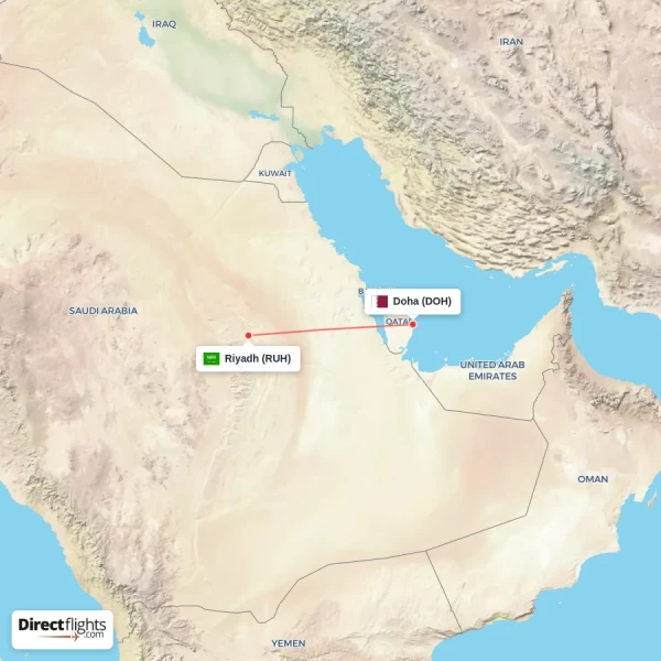 Riyadh - Doha direct flight map