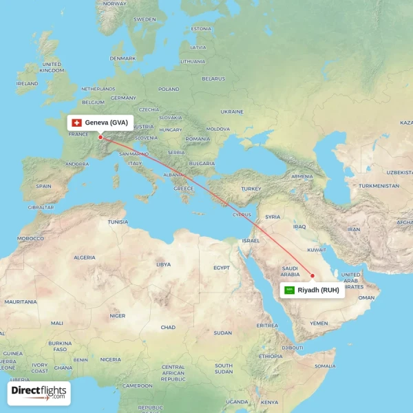 Riyadh - Geneva direct flight map