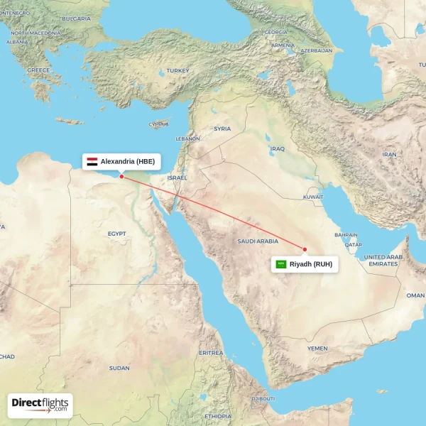 Riyadh - Alexandria direct flight map