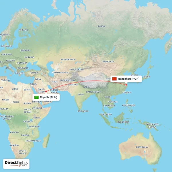 Riyadh - Hangzhou direct flight map