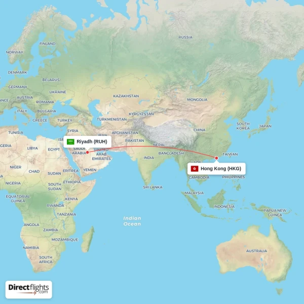 Riyadh - Hong Kong direct flight map