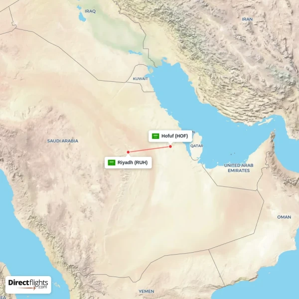 Riyadh - Hofuf direct flight map
