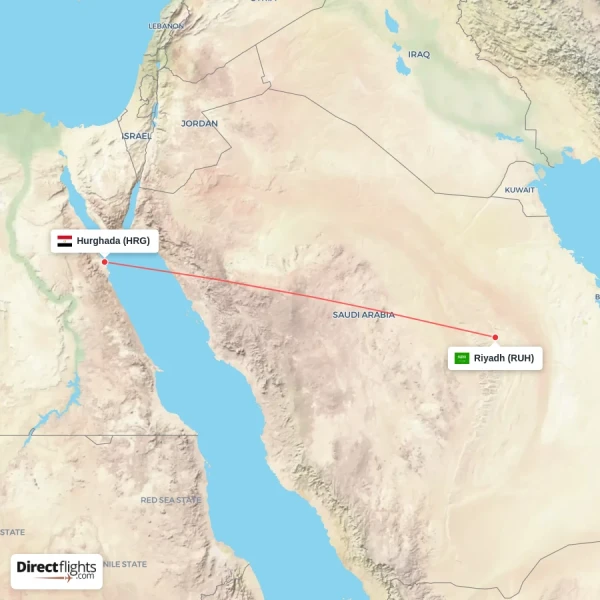 Riyadh - Hurghada direct flight map