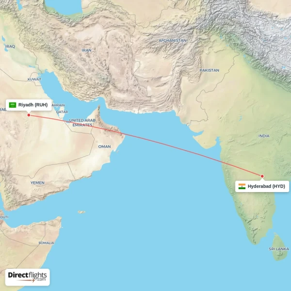 Riyadh - Hyderabad direct flight map