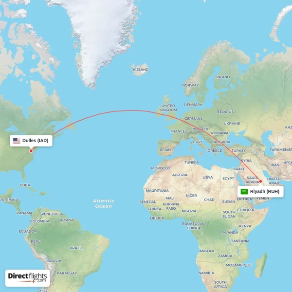 Riyadh - Dulles direct flight map