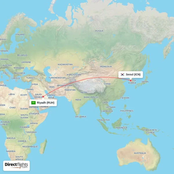 Riyadh - Seoul direct flight map