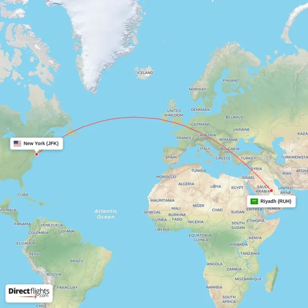 Riyadh - New York direct flight map