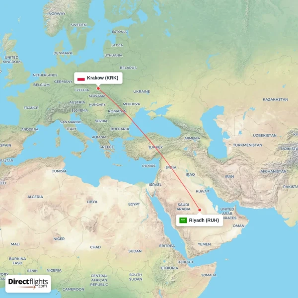 Riyadh - Krakow direct flight map