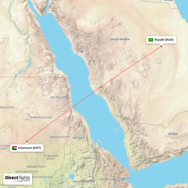 Riyadh - Khartoum direct flight map