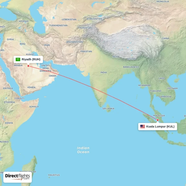 Riyadh - Kuala Lumpur direct flight map