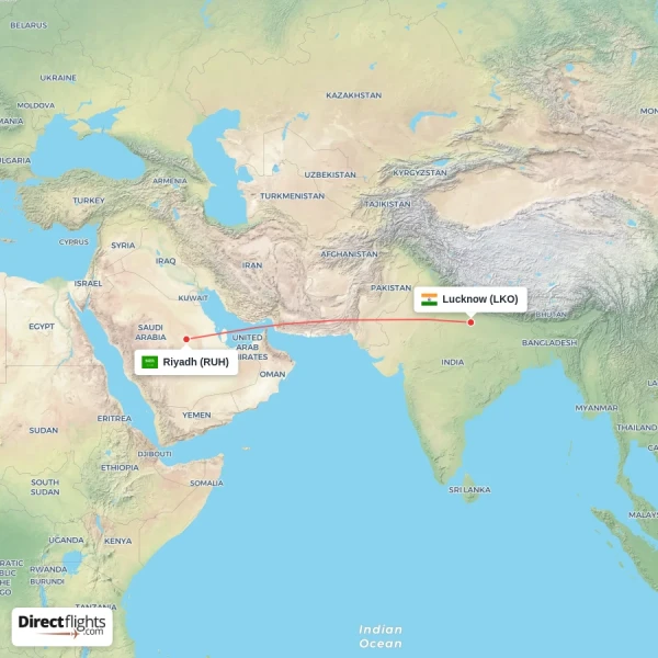 Riyadh - Lucknow direct flight map