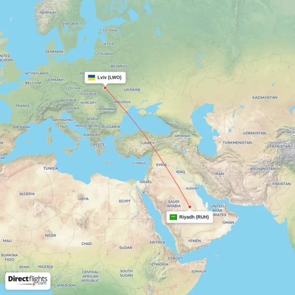 Riyadh - Lviv direct flight map