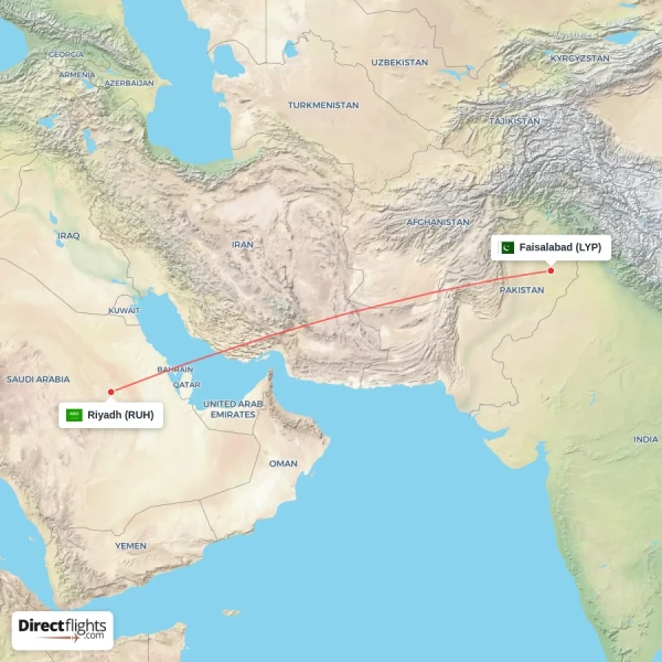 Riyadh - Faisalabad direct flight map
