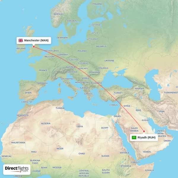 Riyadh - Manchester direct flight map