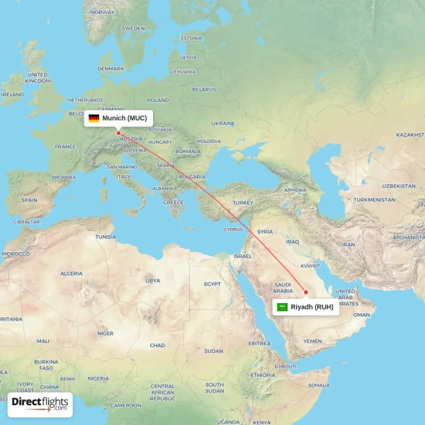 Riyadh - Munich direct flight map