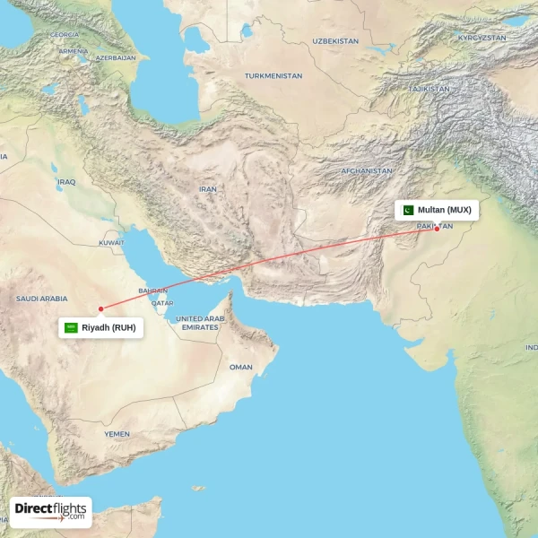 Riyadh - Multan direct flight map