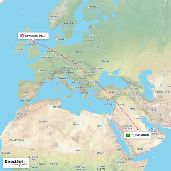 Riyadh - Newcastle direct flight map