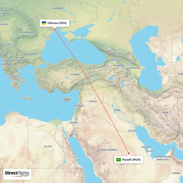 Riyadh - Odessa direct flight map