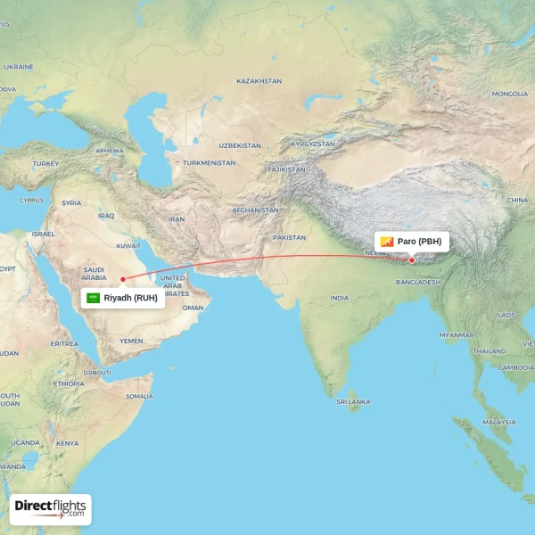 Riyadh - Paro direct flight map
