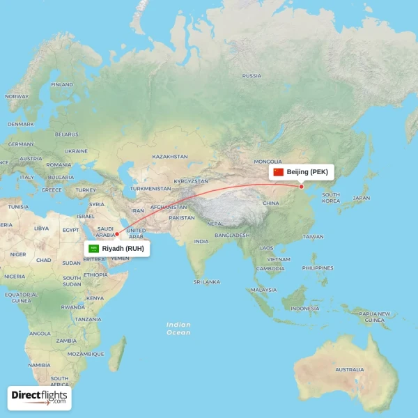 Riyadh - Beijing direct flight map