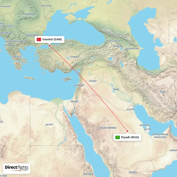 Riyadh - Istanbul direct flight map