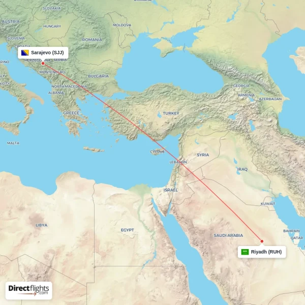Riyadh - Sarajevo direct flight map
