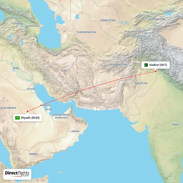 Riyadh - Sialkot direct flight map