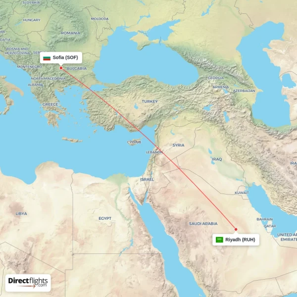 Riyadh - Sofia direct flight map