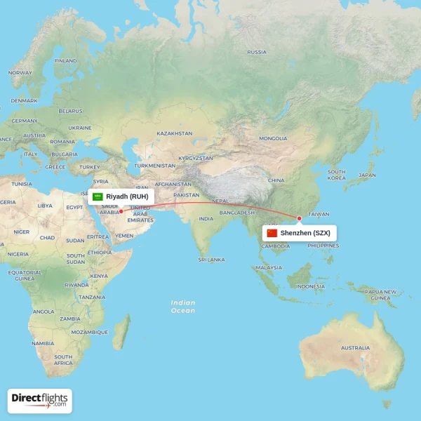 Riyadh - Shenzhen direct flight map