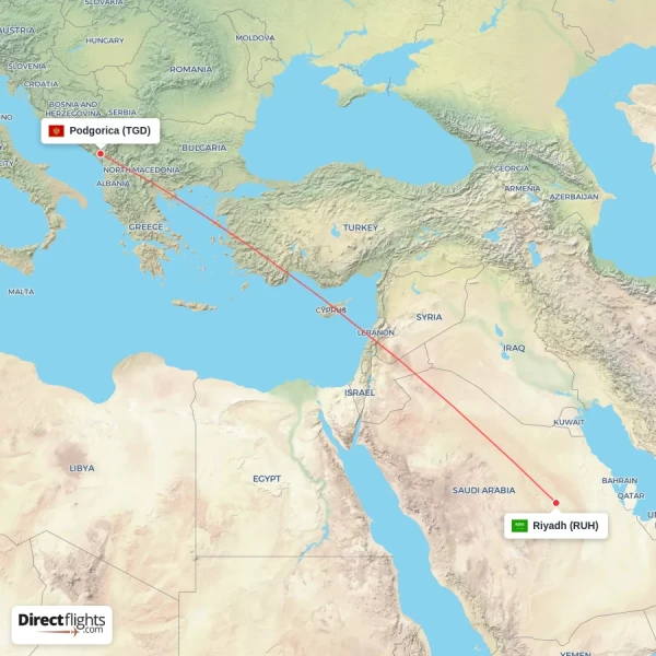 Riyadh - Podgorica direct flight map