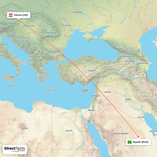 Riyadh - Vienna direct flight map