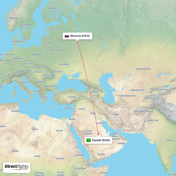 Riyadh - Moscow direct flight map