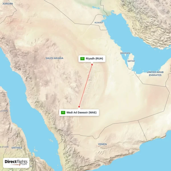 Riyadh - Wadi Ad Dawasir direct flight map