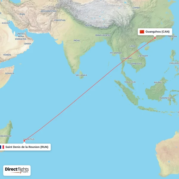 Saint Denis de la Reunion - Guangzhou direct flight map