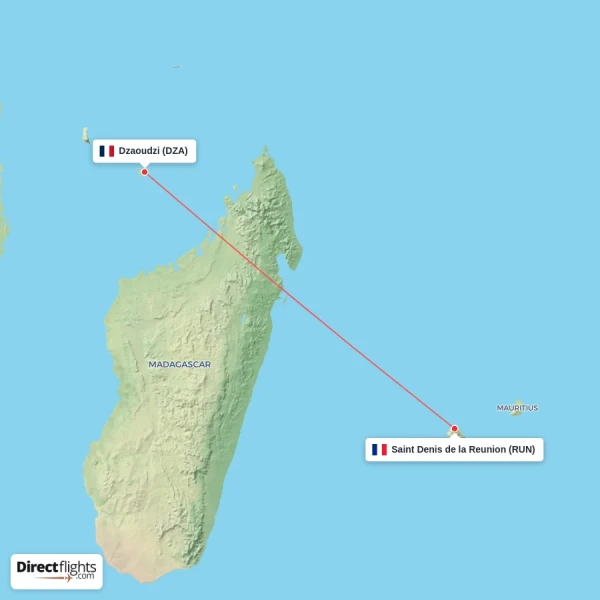 Saint Denis de la Reunion - Dzaoudzi direct flight map