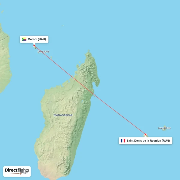 Saint Denis de la Reunion - Moroni direct flight map