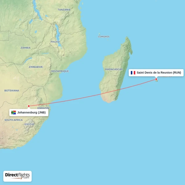 Saint Denis de la Reunion - Johannesburg direct flight map