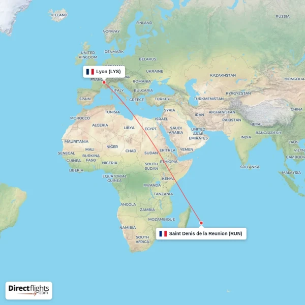 Saint Denis de la Reunion - Lyon direct flight map
