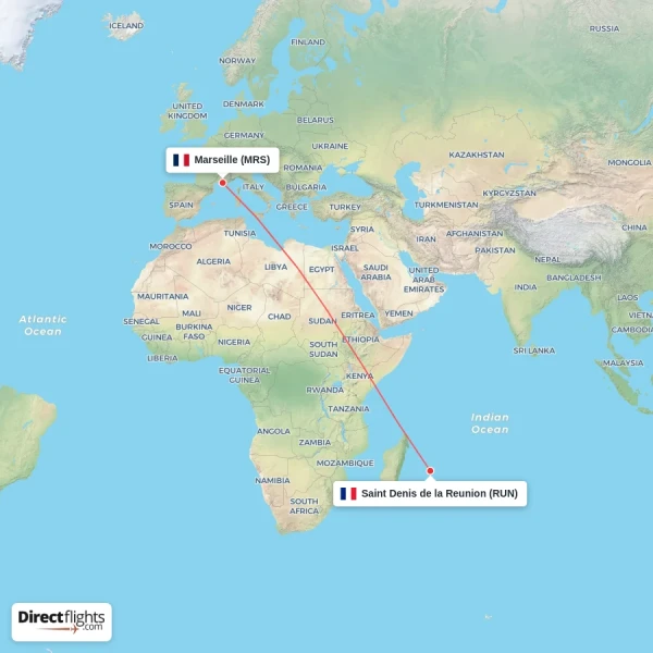 Saint Denis de la Reunion - Marseille direct flight map