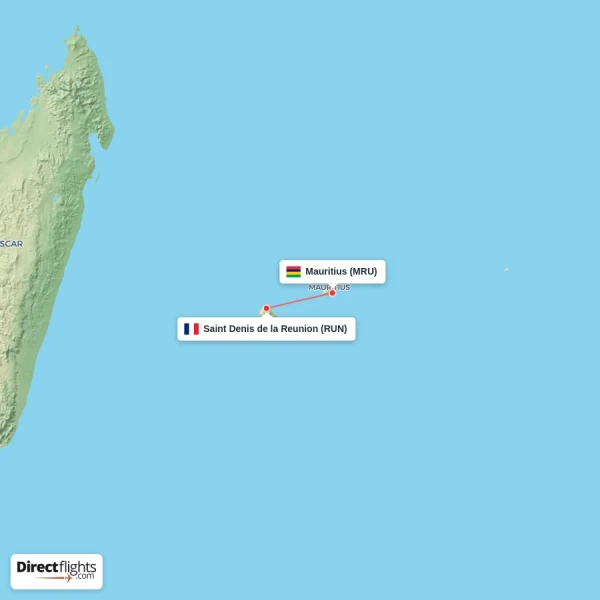 Saint Denis de la Reunion - Mauritius direct flight map