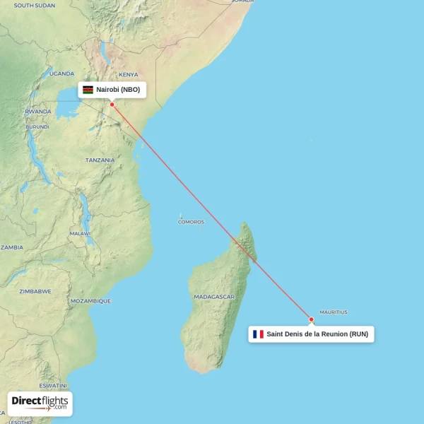 Saint Denis de la Reunion - Nairobi direct flight map