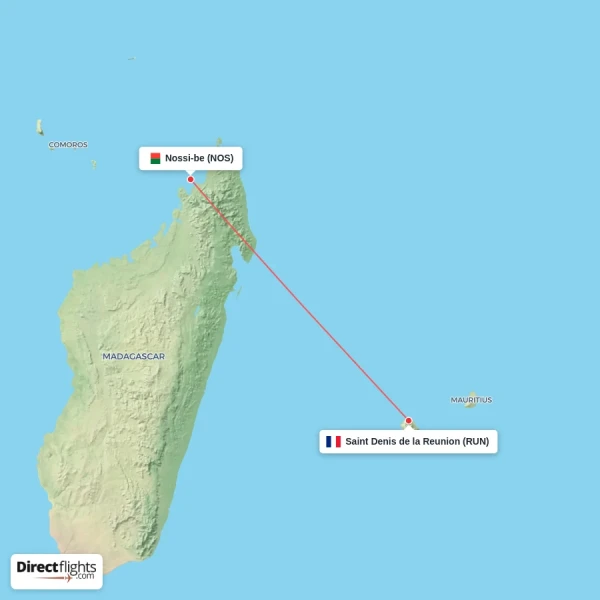 Saint Denis de la Reunion - Nossi-be direct flight map